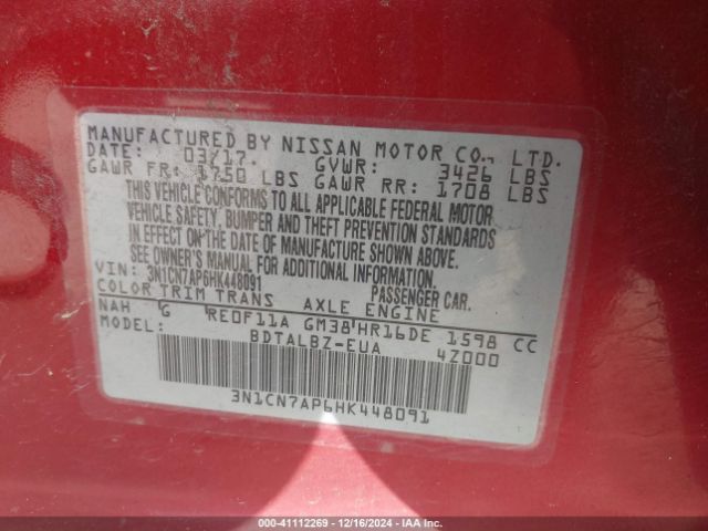 3N1CN7AP6HK448091 Nissan Versa 1.6 Sv