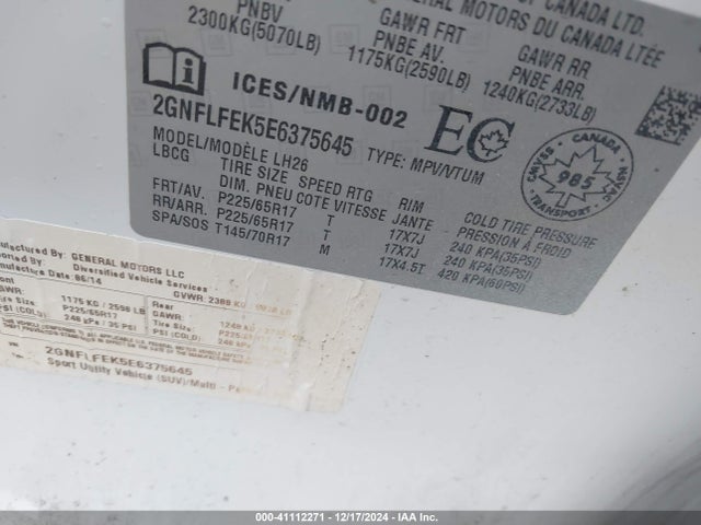 Chevrolet EQUINOX 1LT 2014 2GNFLFEK5E6375645 Image 9