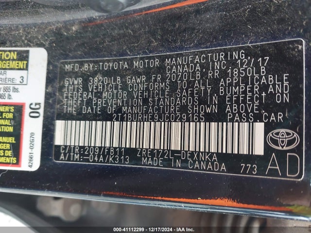 Toyota COROLLA LE 2018 2T1BURHE9JC029165 Image 9