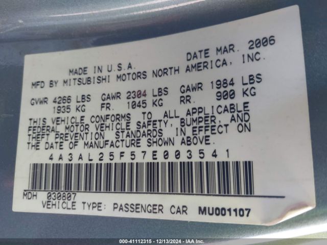 2007 MITSUBISHI ECLIPSE SPYDER 4A3AL25F57E003541 Photo 8