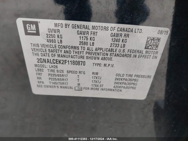 Chevrolet Equinox 2lt 2015 2GNALCEK2F1180870 Image 9