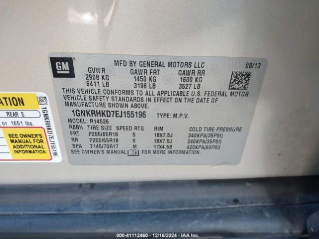 1GNKRHKD7EJ155196 Chevrolet Traverse 2lt