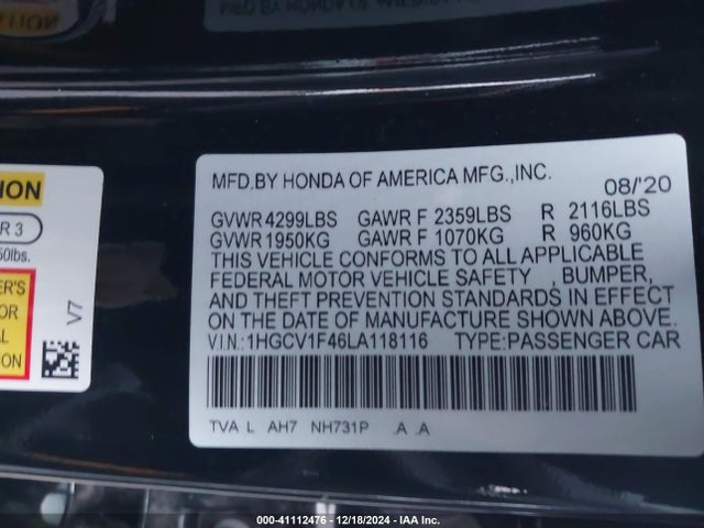 Honda ACCORD EX 2020 1HGCV1F46LA118116 Image 9