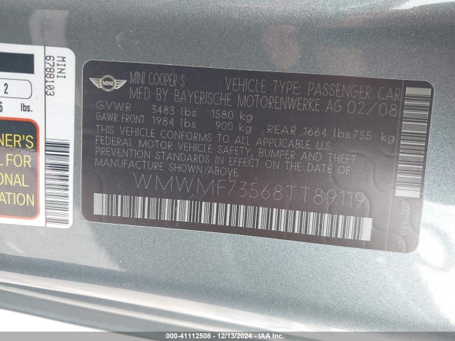 2008 MINI COOPER S WMWMF73568TT89119 Photo 8