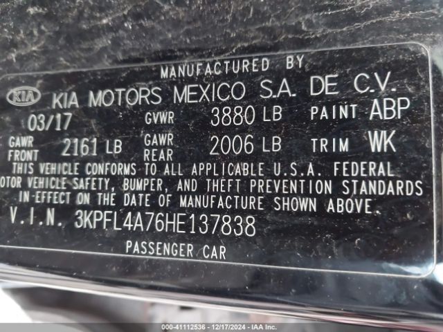 3KPFL4A76HE137838 KIA FORTE S