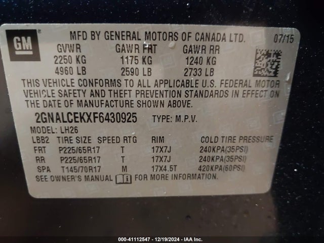Chevrolet Equinox 2lt 2015 2GNALCEKXF6430925 Image 9