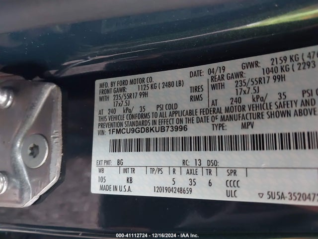Ford ESCAPE SE 2019 1FMCU9GD8KUB73996 Image 9