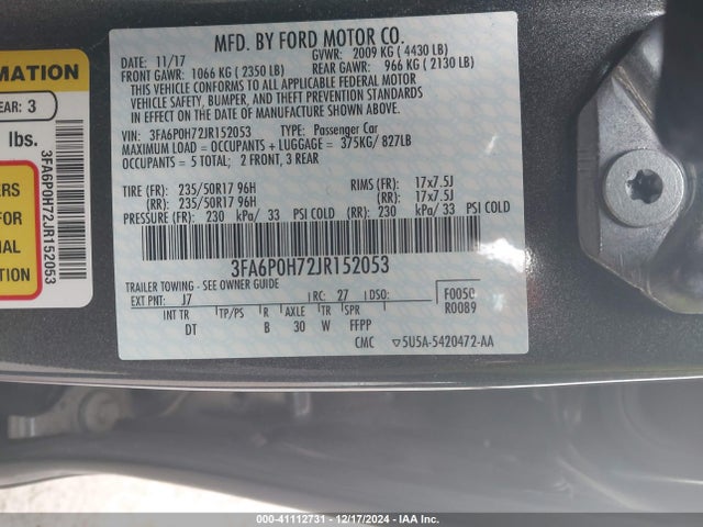 Ford FUSION SE 2018 3FA6P0H72JR152053 Image 9