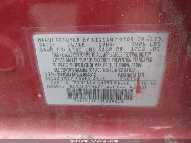 3N1CN7AP3JL884512 Nissan Versa 1.6 Sv