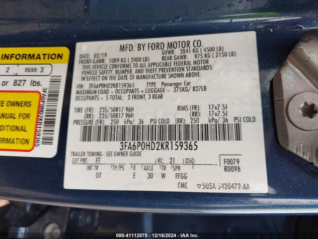 Ford FUSION SE 2019 3FA6P0HD2KR159365 Image 9