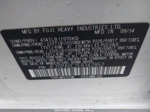 JF2GPAGC2E8342852 Subaru Xv Crosstrek 2.0i Limited
