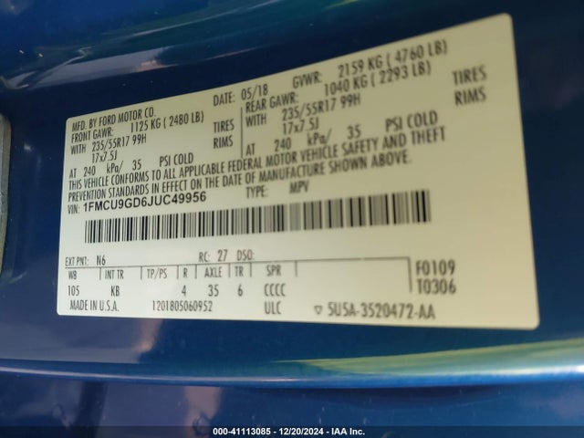 Ford ESCAPE SE 2018 1FMCU9GD6JUC49956 Image 9