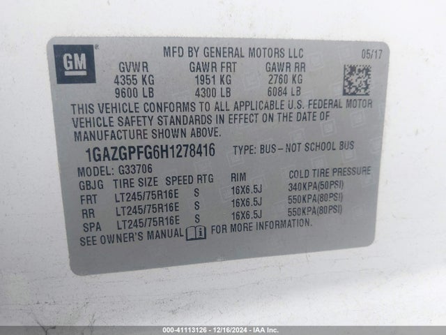 1GAZGPFG6H1278416 Chevrolet Express 3500 Lt