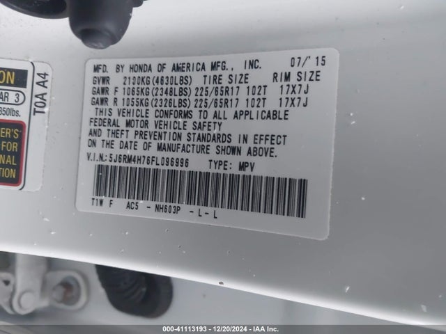 Honda Cr-v Ex-l 2015 5J6RM4H76FL096996 Image 9