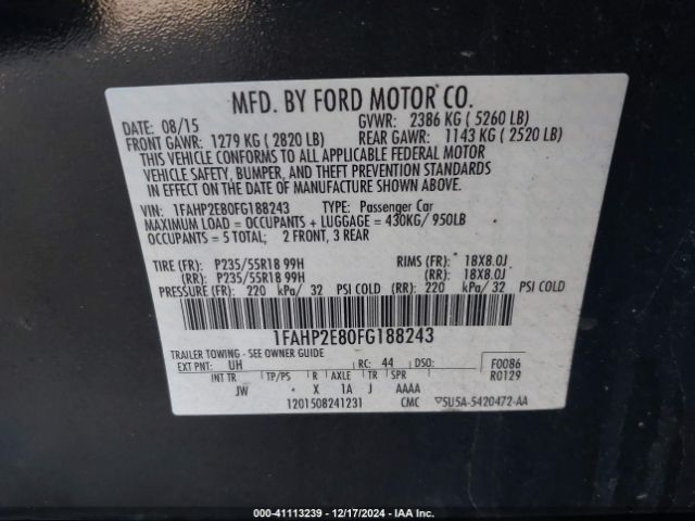 1FAHP2E80FG188243 Ford TAURUS SEL
