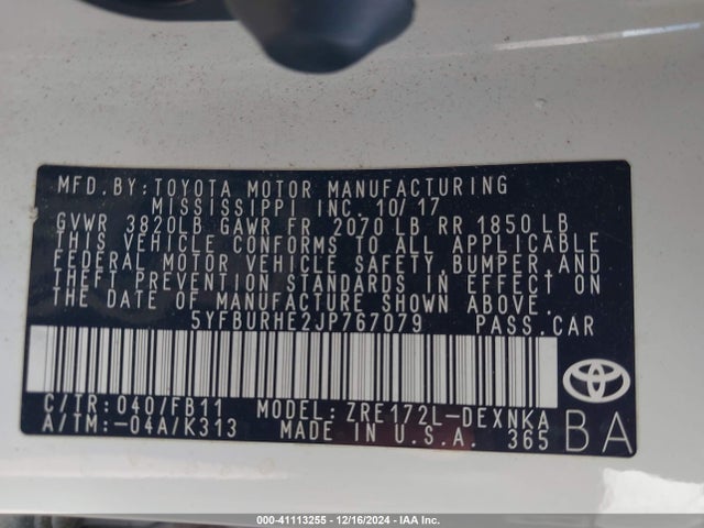 Toyota COROLLA LE 2018 5YFBURHE2JP767079 Image 9