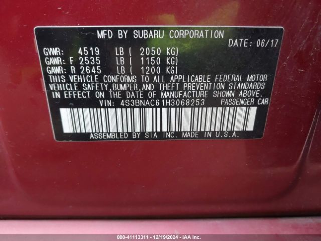 4S3BNAC61H3068253 Subaru Legacy 2.5i Premium