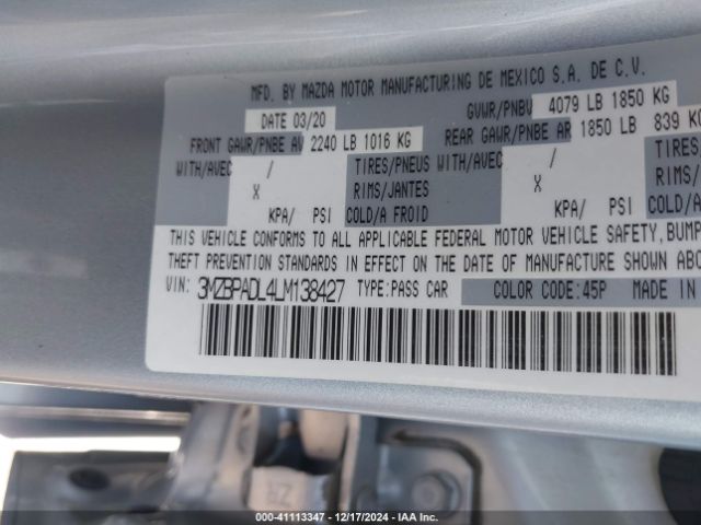 3MZBPADL4LM138427 Mazda Mazda3 Preferred Package