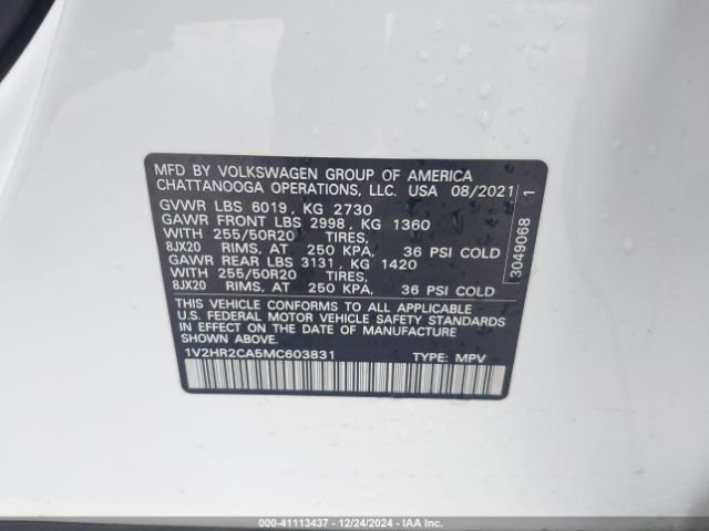 1V2HR2CA5MC603831 Volkswagen Atlas 3.6l V6 Se W/technology