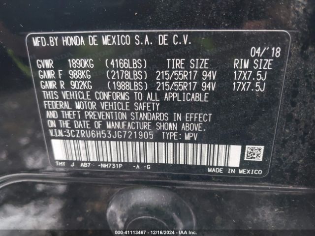 3CZRU6H53JG721905 Honda HR-V EX