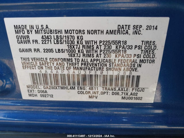 4A4AP3AU3FE011288 Mitsubishi Outlander Sport Es