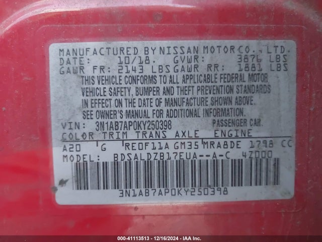 3N1AB7AP0KY250398 Nissan SENTRA SV