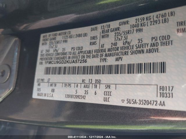 1FMCU9GD2KUA57256 Ford ESCAPE SE