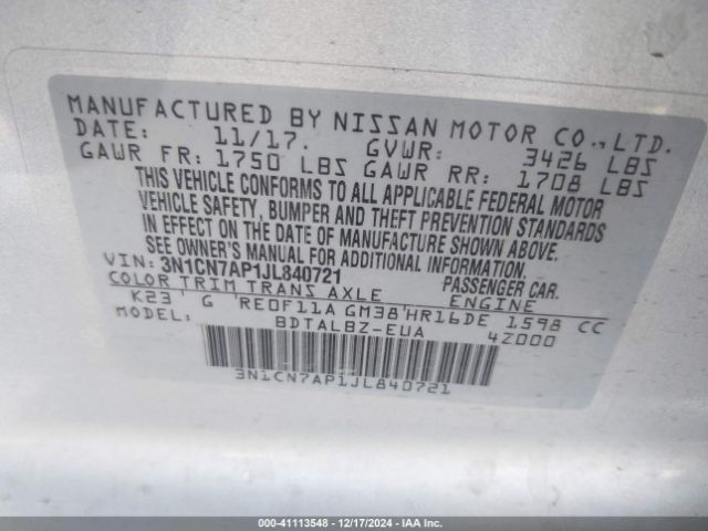 3N1CN7AP1JL840721 Nissan Versa 1.6 Sv