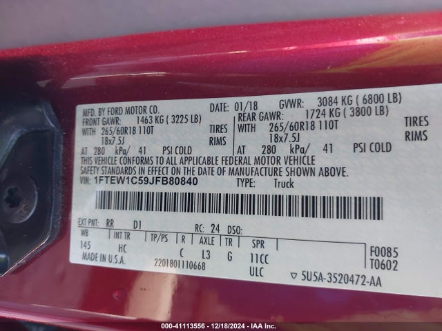 1FTEW1C59JFB80840 Ford F-150 Lariat