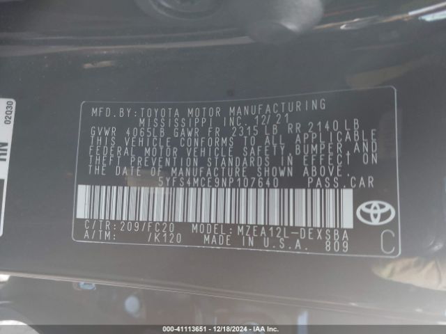 5YFS4MCE9NP107640 Toyota Corolla Se Nightshade Edition