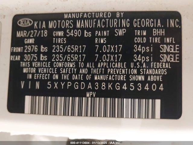 5XYPGDA38KG453404 KIA Sorento 2.4l Lx