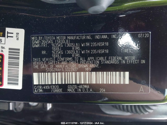 Toyota Highlander Xle 2020 5TDGZRAH1LS022927 Image 9
