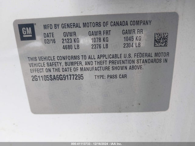 Chevrolet IMPALA 1LT 2016 2G1105SA6G9177295 Image 9