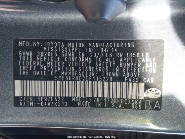 5YFBURHE2EP115228 Toyota Corolla S Premium