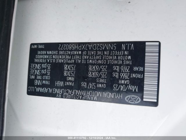 5NMS2DAJXPH580272 Hyundai Santa Fe Sel