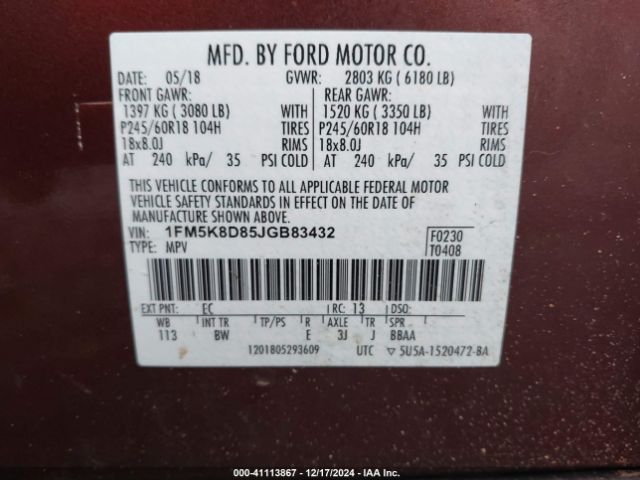 1FM5K8D85JGB83432 Ford EXPLORER XLT