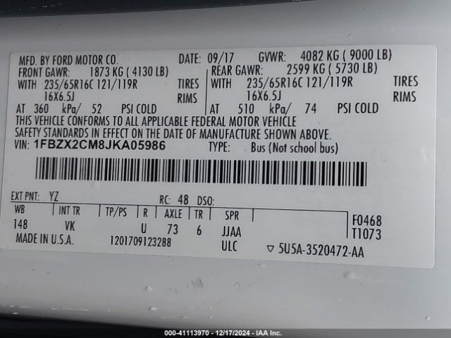 1FBZX2CM8JKA05986 Ford Transit-350 Xl