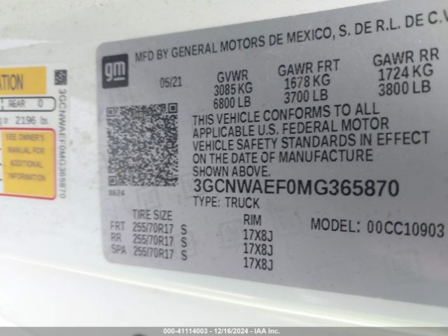 3GCNWAEF0MG365870 Chevrolet Silverado 1500 2wd  Long Bed Wt