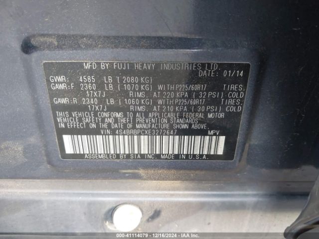 4S4BRBPCXE3272647 Subaru Outback 2.5i Limited