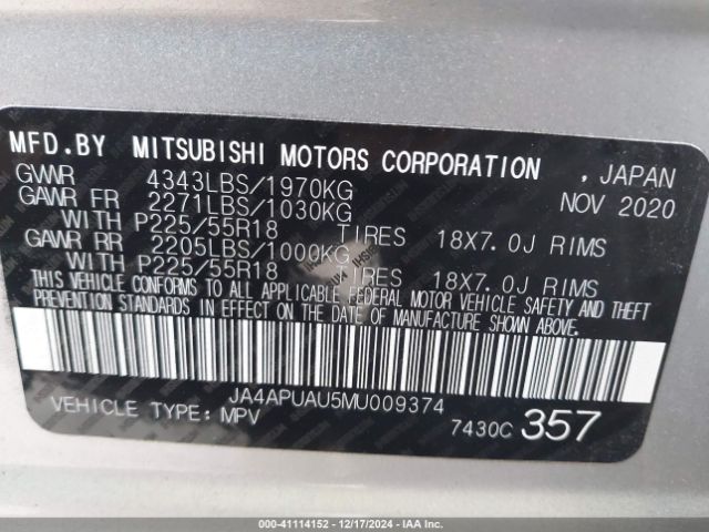 JA4APUAU5MU009374 Mitsubishi Outlander Sport 2.0 Be 2wd/2.0 Es 2wd/2.0 Le 2wd/2.0 S 2wd
