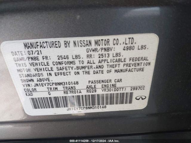 JN1EV7CP8NM310148 Infiniti Q50 Sensory