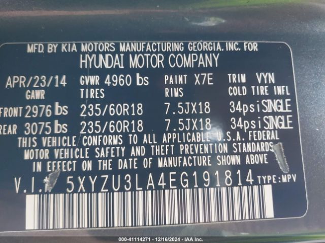 5XYZU3LA4EG191814 Hyundai Santa Fe Sport 2.0l Turbo