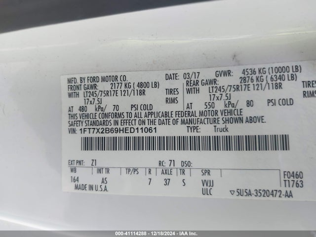 Ford F-250 Xl 2017 1FT7X2B69HED11061 Image 9