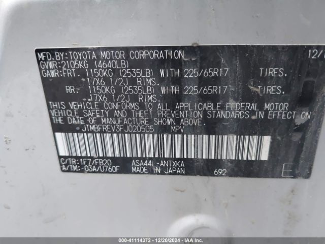 JTMBFREV3FJ020505 Toyota RAV4 LE