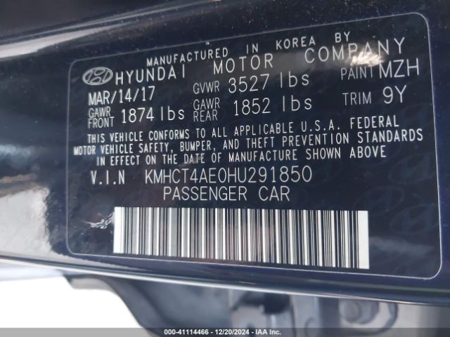 KMHCT4AE0HU291850 Hyundai Accent Value Edition