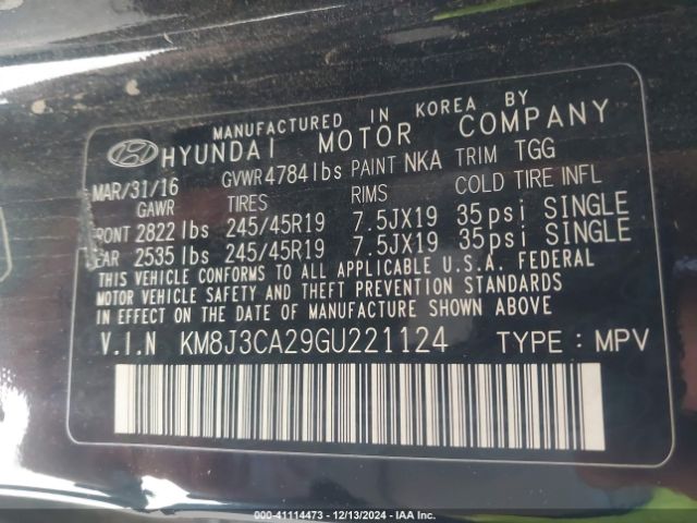 KM8J3CA29GU221124 Hyundai Tucson Sport