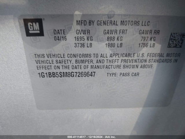 1G1BB5SM8G7269647 Chevrolet le2 - di: direct injection, alum, vvt, gen i, gmna
