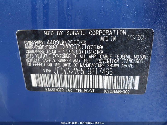 JF1VA2V65L9817465 Subaru Wrx Sti Limited