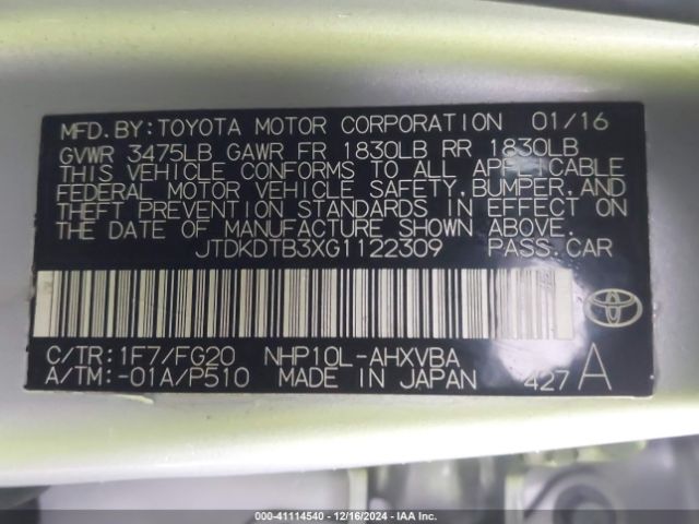 JTDKDTB3XG1122309 Toyota Prius C Two