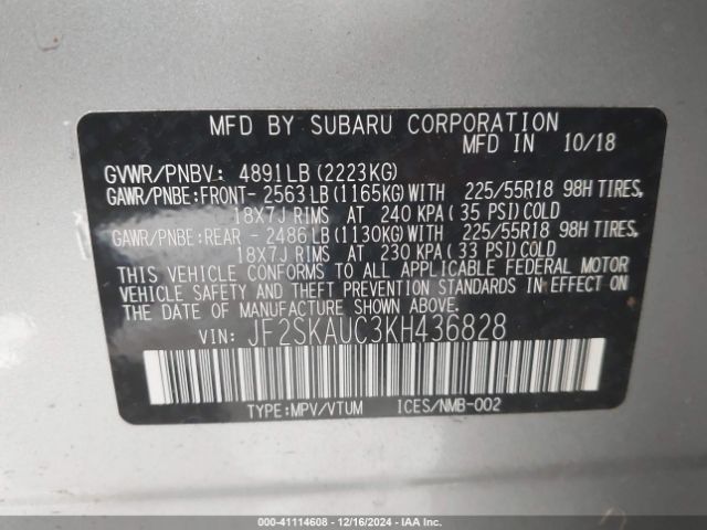 JF2SKAUC3KH436828 Subaru Forester Limited
